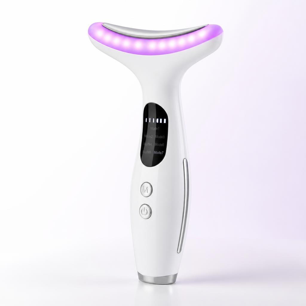 Dispositivo de belleza LED Melenoa, vista completa con luz violeta encendida