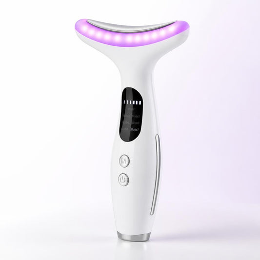 Dispositivo de belleza LED Melenoa, vista completa con luz violeta encendida